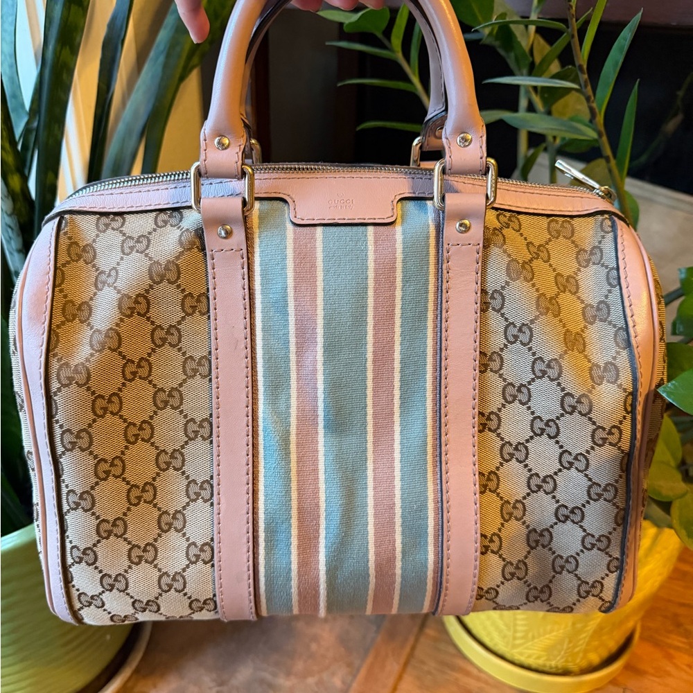 Gucci Beige GG Canvas Satchel with Pink Trim and Blue-Pink Stripe